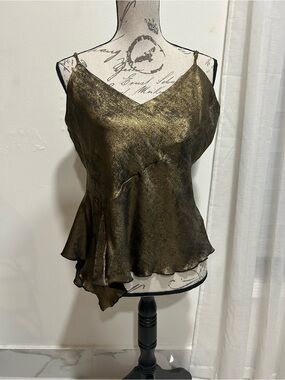 Rita Ora Metallic Gold Satin-Look Asymmetric Ruffle Cami Spaghetti Strap L